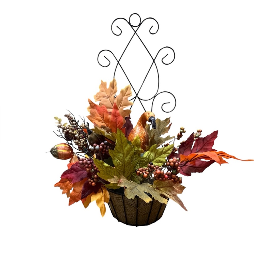 Fall Floral Wall Hanging Wrought Iron Scroll Basket Autumn Leaves Berries Gourd